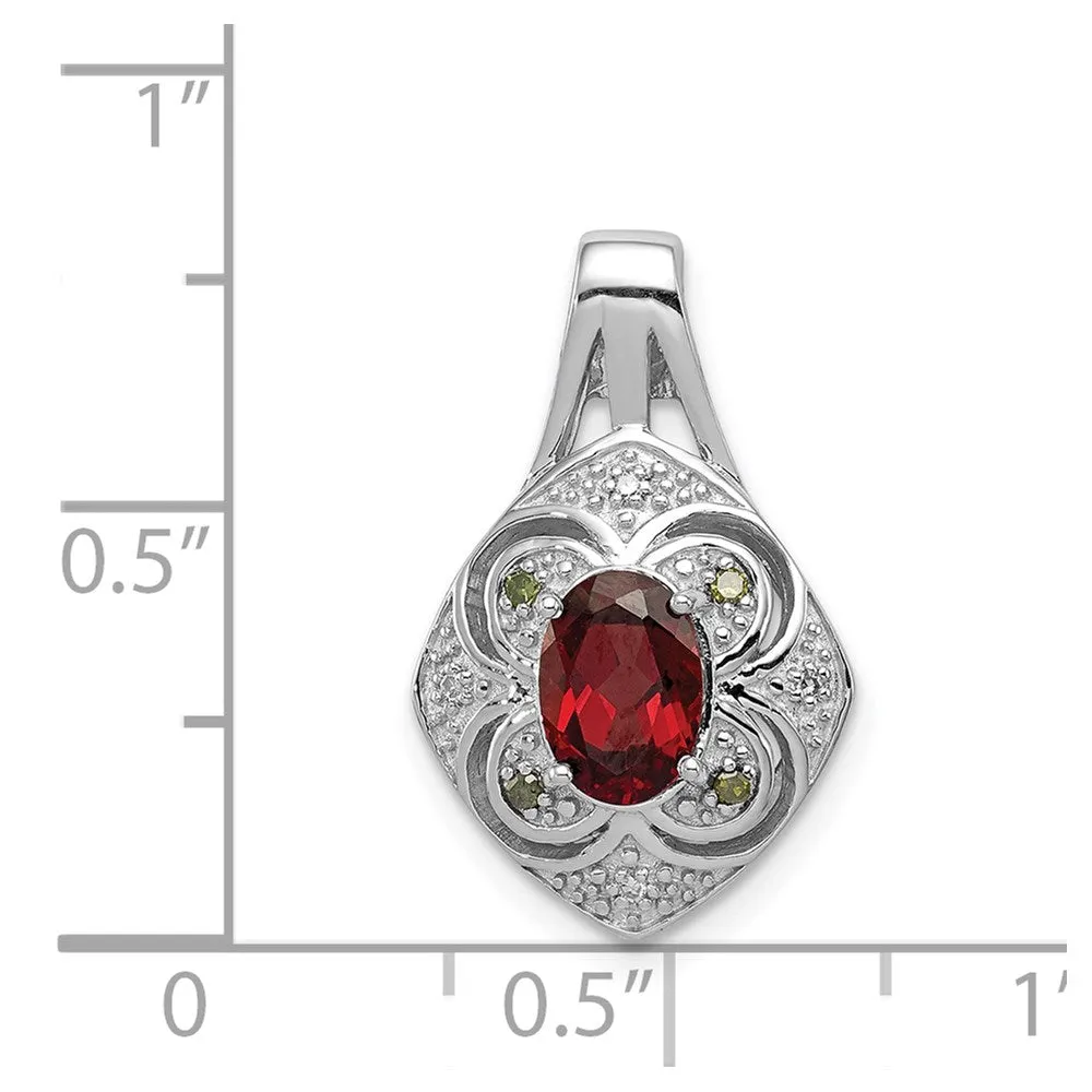 Sterling Silver Rhodium White/Green Diamond & Garnet Oval Pendant