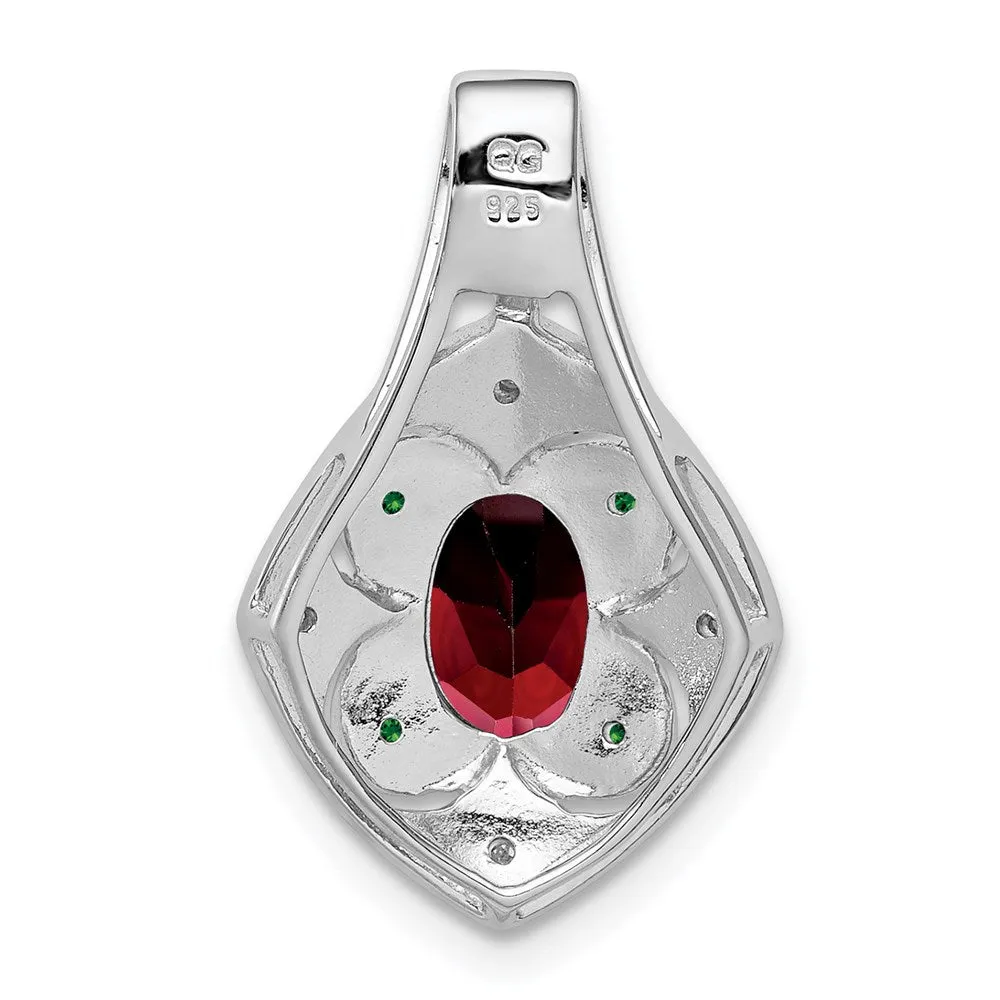 Sterling Silver Rhodium White/Green Diamond & Garnet Oval Pendant
