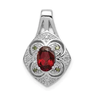 Sterling Silver Rhodium White/Green Diamond & Garnet Oval Pendant