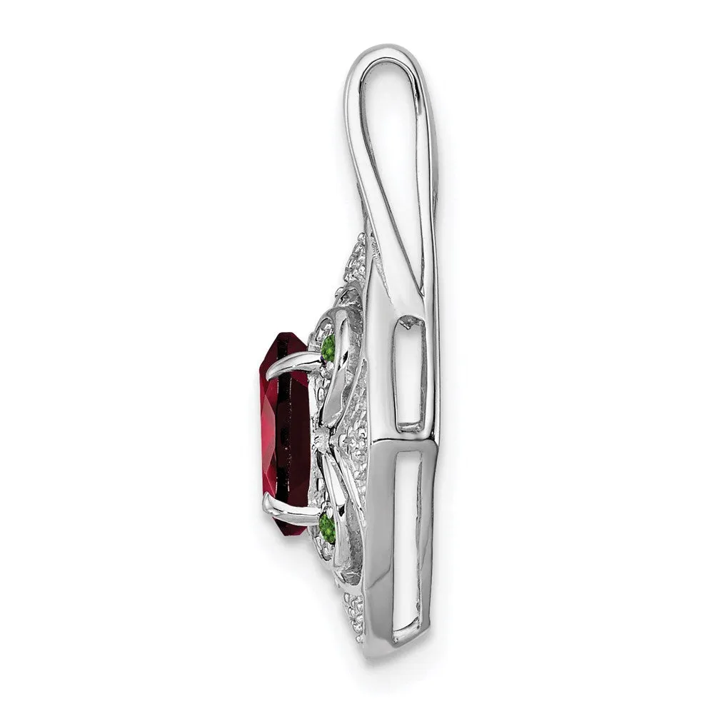 Sterling Silver Rhodium White/Green Diamond & Garnet Oval Pendant