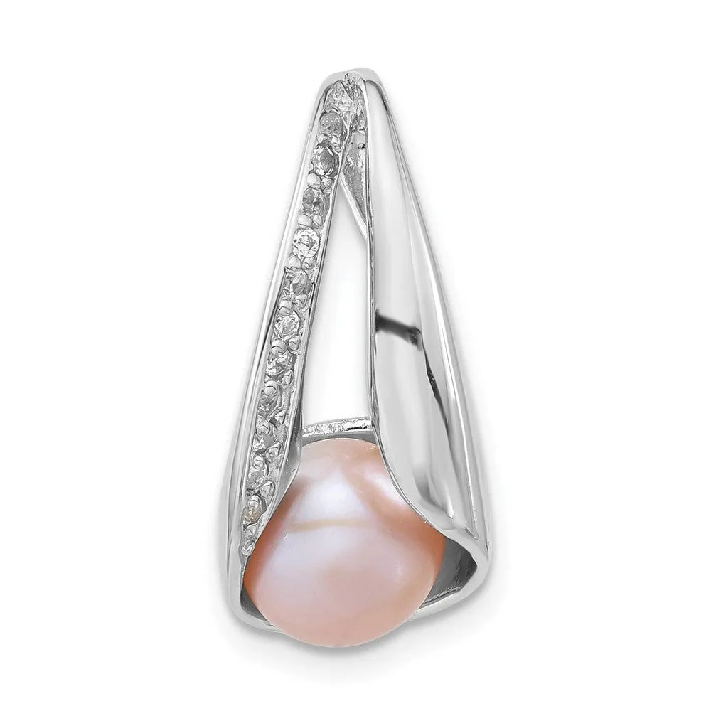 Sterling Silver w/CZ 7-8mm FW Cultured Button Pink Pearl Pendant