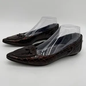 Stuart Weitzman Brown Leather Croc Embossed Pointed Toe Flats Size 8 M