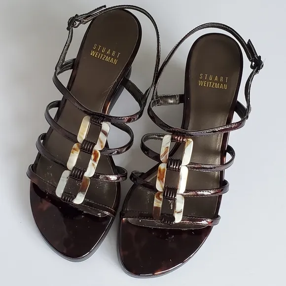 Stuart Weitzman Women's Brown Patent Leather Strappy Wedge Heel Sandal Sandal 6