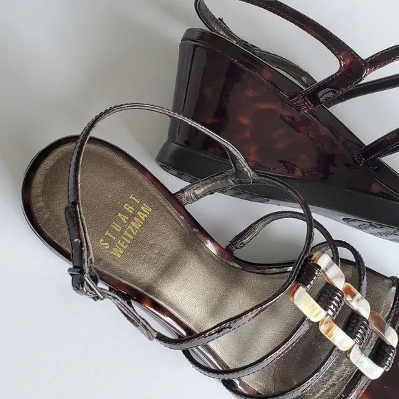 Stuart Weitzman Women's Brown Patent Leather Strappy Wedge Heel Sandal Sandal 6