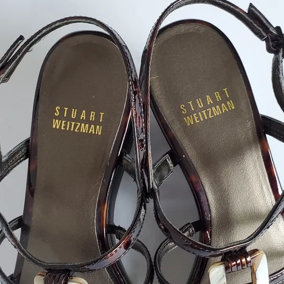 Stuart Weitzman Women's Brown Patent Leather Strappy Wedge Heel Sandal Sandal 6