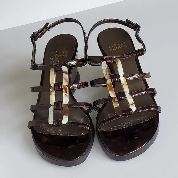 Stuart Weitzman Women's Brown Patent Leather Strappy Wedge Heel Sandal Sandal 6