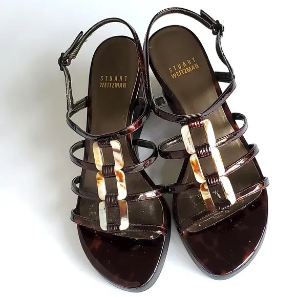 Stuart Weitzman Women's Brown Patent Leather Strappy Wedge Heel Sandal Sandal 6