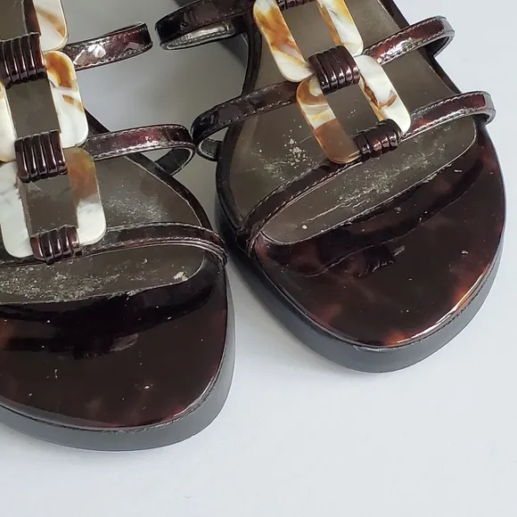 Stuart Weitzman Women's Brown Patent Leather Strappy Wedge Heel Sandal Sandal 6