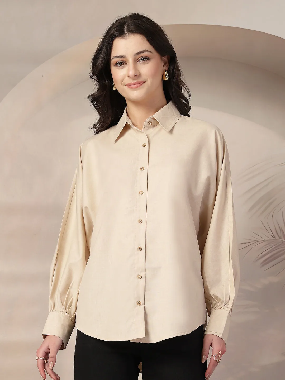 Style Quotient Women Beige Polycotton Solid Oversize Smart Casual Shirt