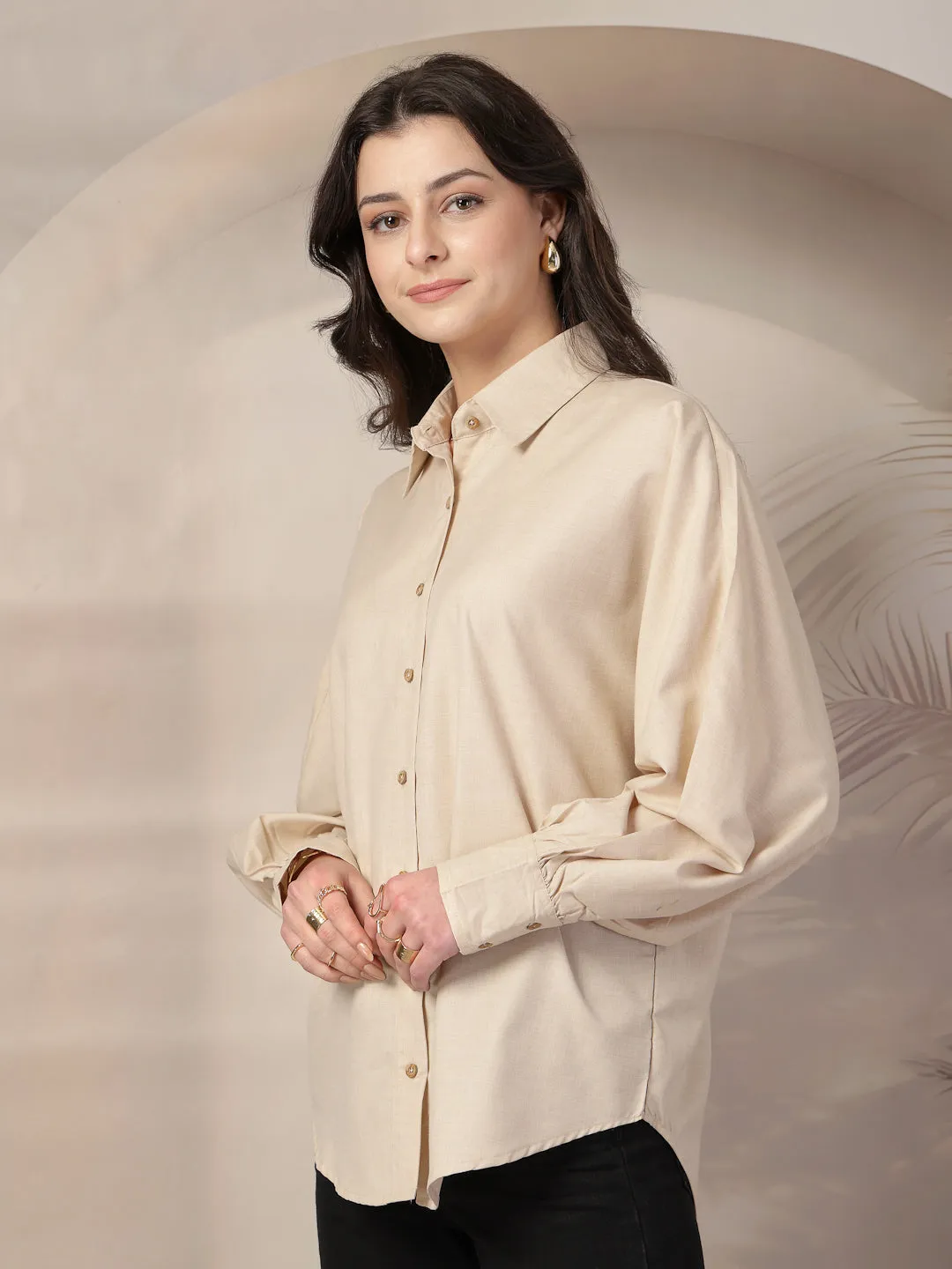 Style Quotient Women Beige Polycotton Solid Oversize Smart Casual Shirt
