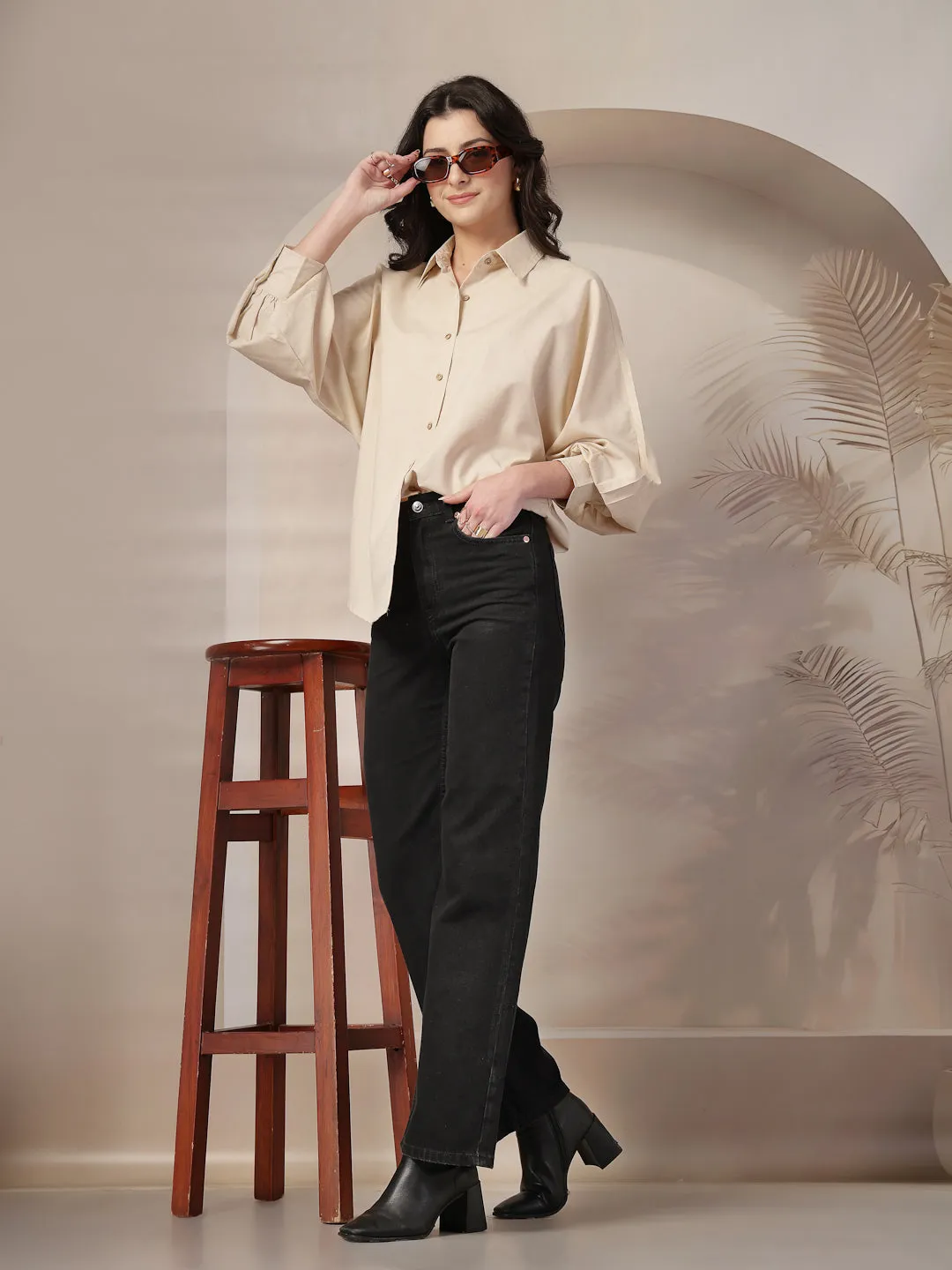 Style Quotient Women Beige Polycotton Solid Oversize Smart Casual Shirt