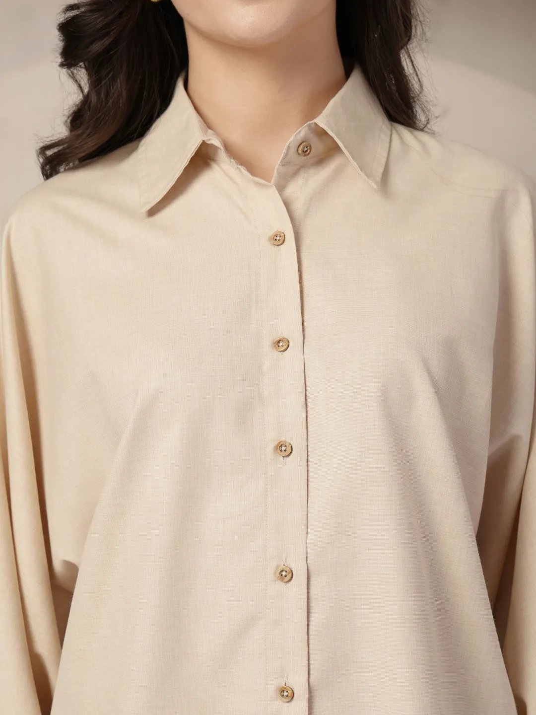 Style Quotient Women Beige Polycotton Solid Oversize Smart Casual Shirt