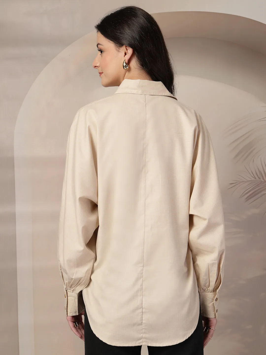 Style Quotient Women Beige Polycotton Solid Oversize Smart Casual Shirt