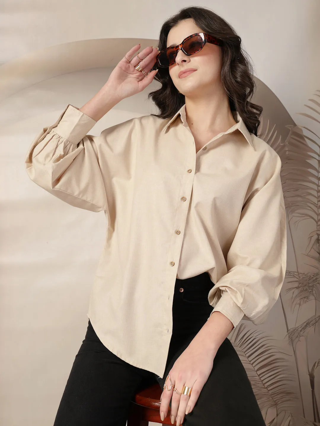 Style Quotient Women Beige Polycotton Solid Oversize Smart Casual Shirt