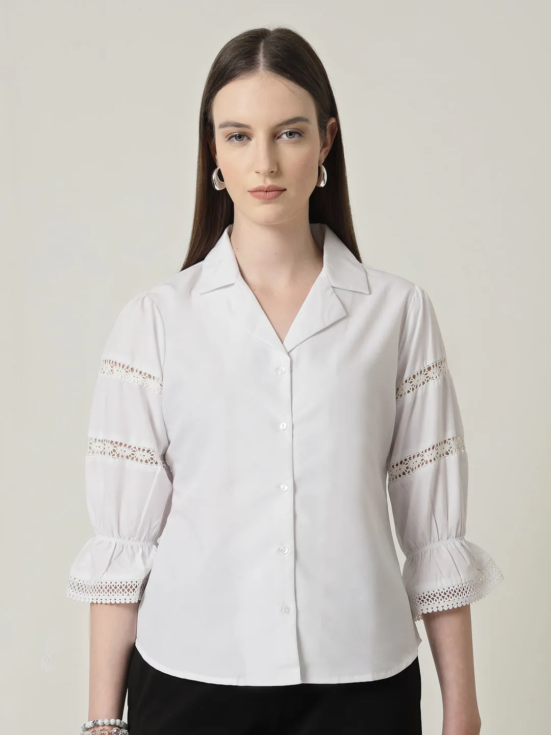 Style Quotient Women Solid White Regular Fit Lace Insert Formal Shirt