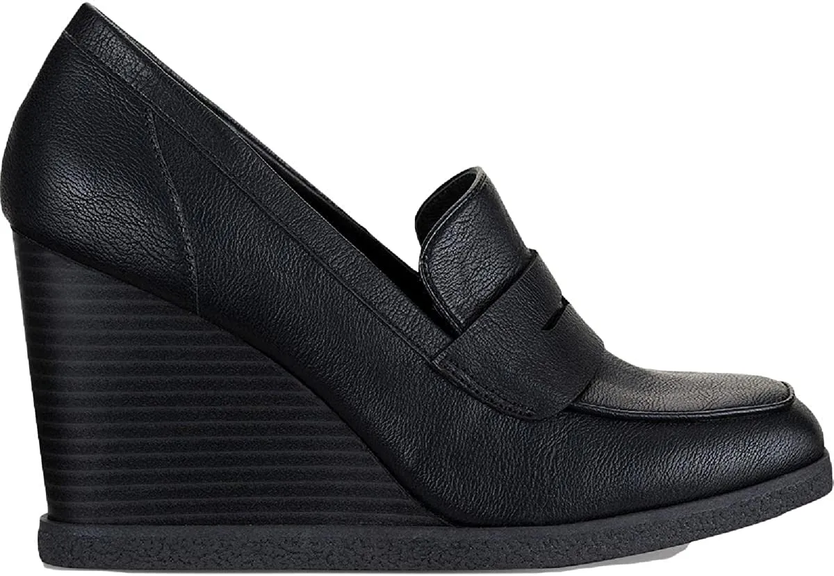 Sun   Stone Womens Jetta Faux Leather Slip On Wedge Heels Black 11 Medium (B,M)