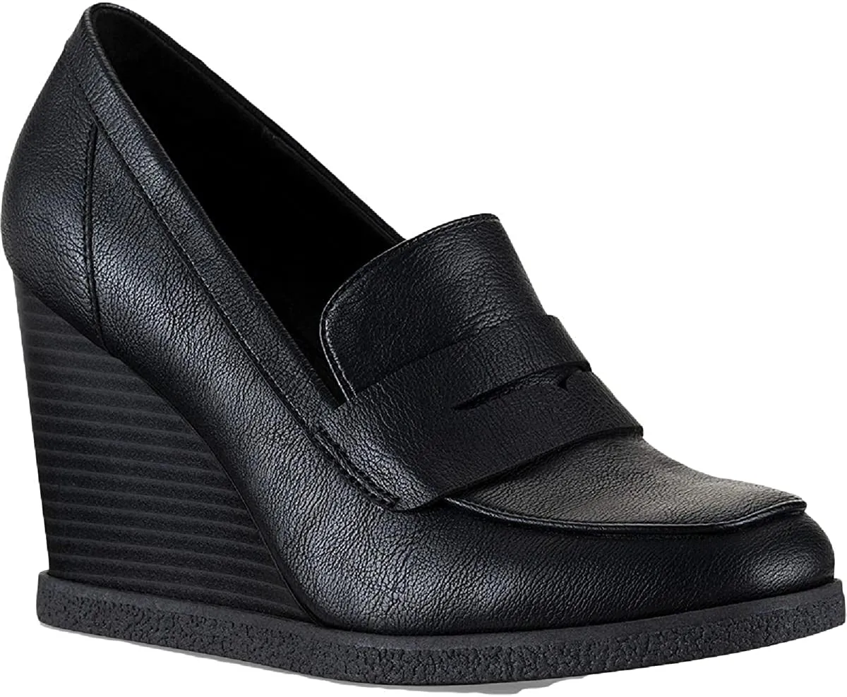 Sun   Stone Womens Jetta Faux Leather Slip On Wedge Heels Black 11 Medium (B,M)