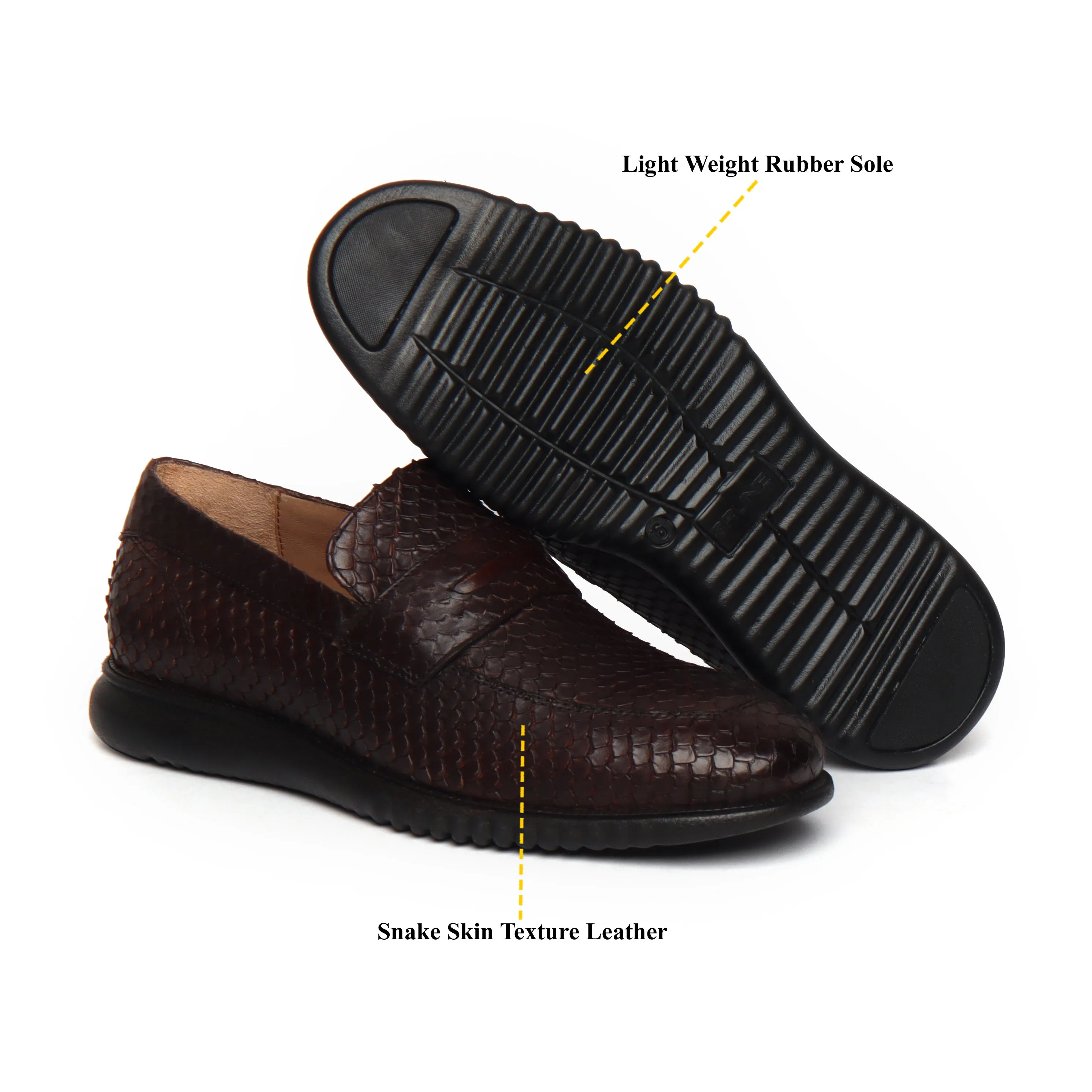 Super Flexible Brown Leather Loafers With Snake Skin Textured