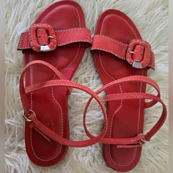 Tod's Red Strappy Sandals With Buckle Adjustable Strap Flats Women's Size 39 🌴