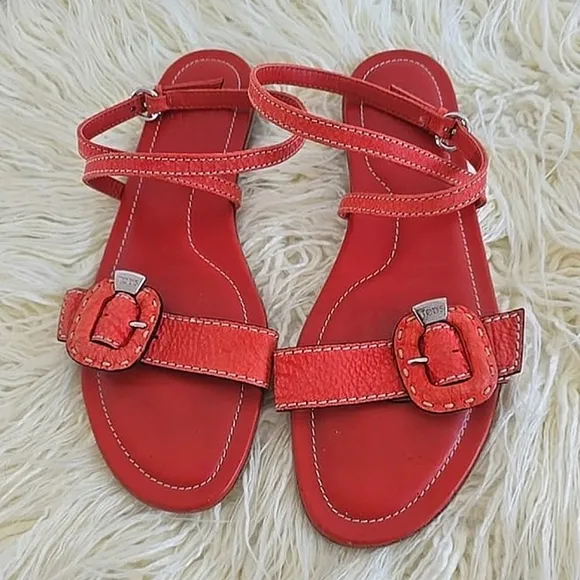 Tod's Red Strappy Sandals With Buckle Adjustable Strap Flats Women's Size 39 🌴