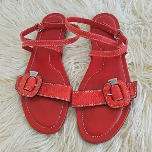 Tod's Red Strappy Sandals With Buckle Adjustable Strap Flats Women's Size 39 🌴