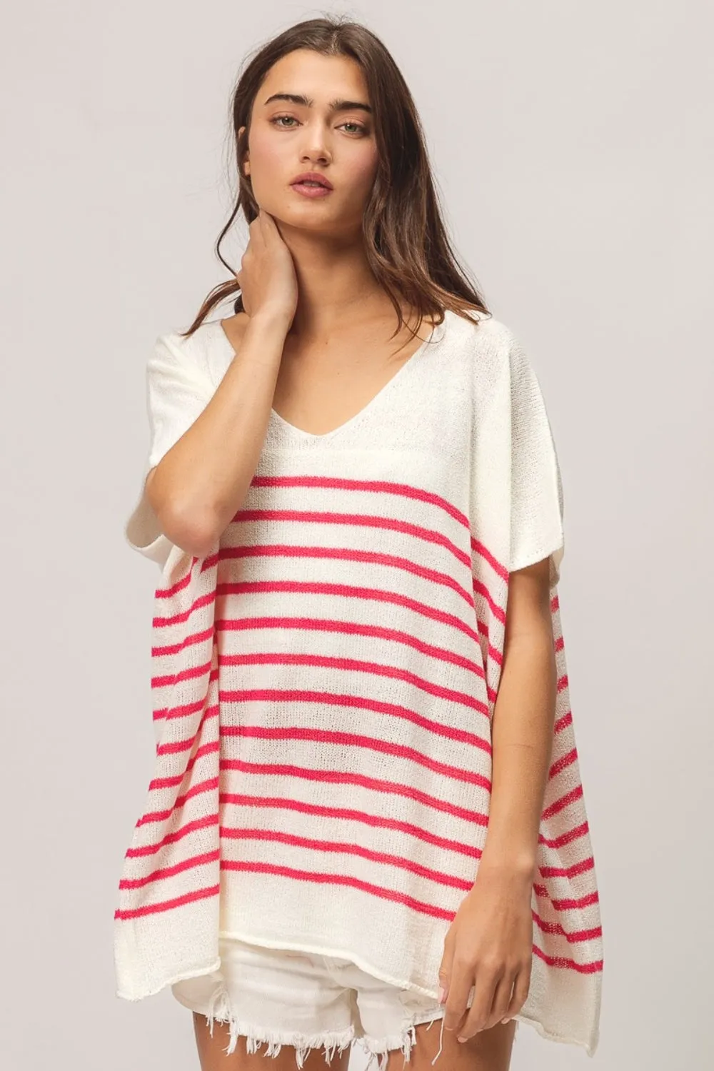 V Neck Striped Short Sleeve Top For Women – Casual Comfortable Nautical-Inspired Tee with Slimming Vertical Stripes and Soft Feel