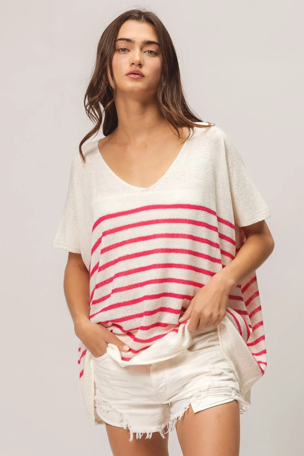 V Neck Striped Short Sleeve Top For Women – Casual Comfortable Nautical-Inspired Tee with Slimming Vertical Stripes and Soft Feel