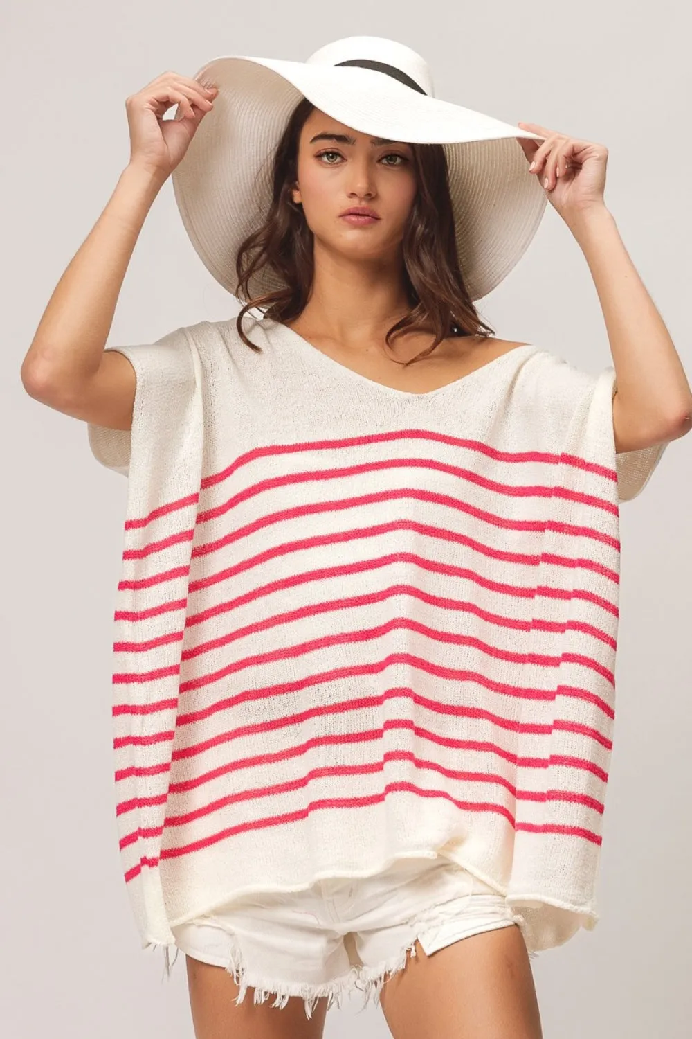 V Neck Striped Short Sleeve Top For Women – Casual Comfortable Nautical-Inspired Tee with Slimming Vertical Stripes and Soft Feel