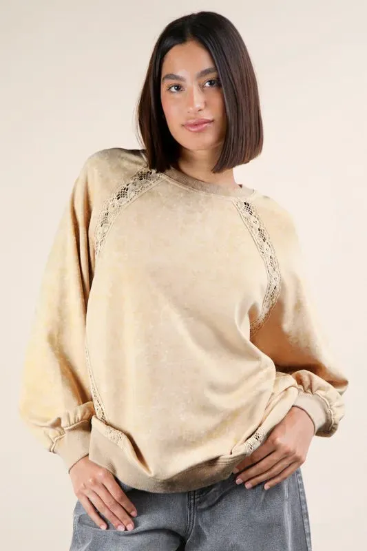 VERY J Plus Size Lace Trim Detail Mineral Washed Knit Top