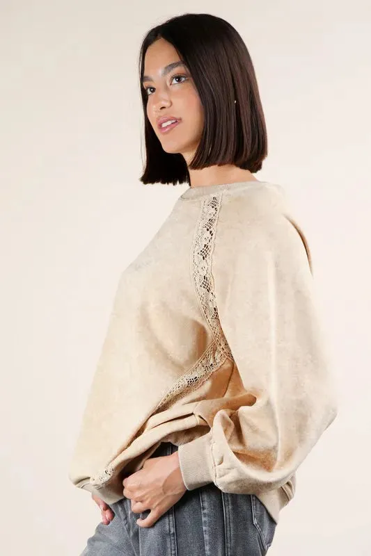 VERY J Plus Size Lace Trim Detail Mineral Washed Knit Top