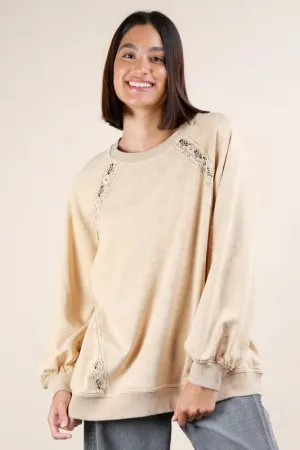 VERY J Plus Size Lace Trim Detail Mineral Washed Knit Top