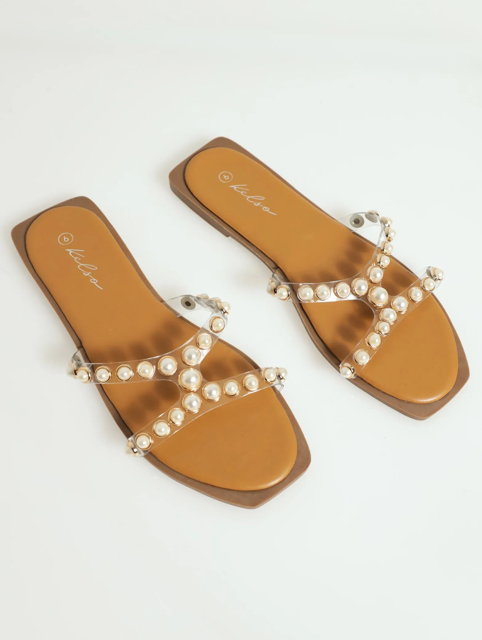 Vinyl Shaped Pearl Padded Sandal - Tan