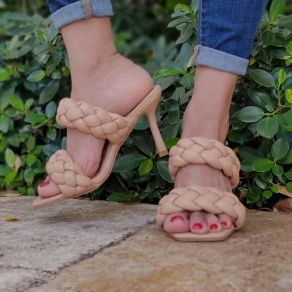 Women's Nude Double Braided Square Toe Mule Sandal